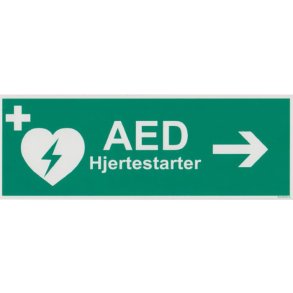 Frstehjlpsskilt - Hjertestarter med tekst og pil til hjre