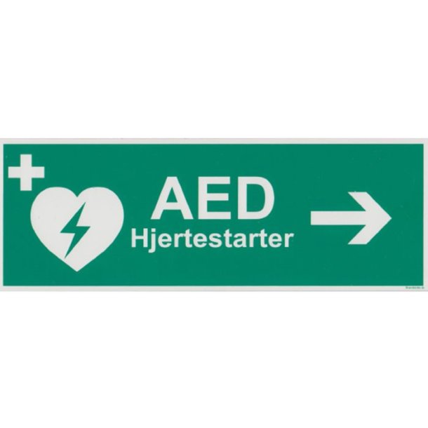 Frstehjlpsskilt - Hjertestarter med tekst og pil til hjre