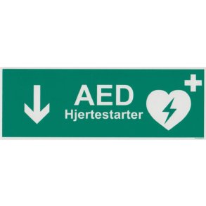 Frstehjlpsskilt - Hjertestarter med tekst og pil ned