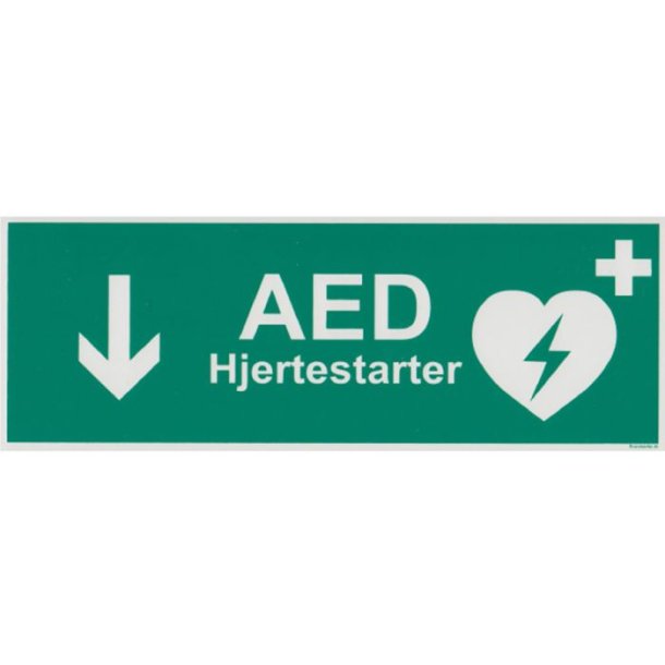 Frstehjlpsskilt - Hjertestarter med tekst og pil ned