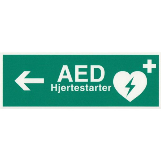 Frstehjlpsskilt - Hjertestarter med tekst og pil til venstre