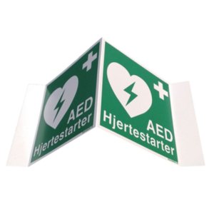 Vinkelskilt - med tekst AED/Hjertestarter